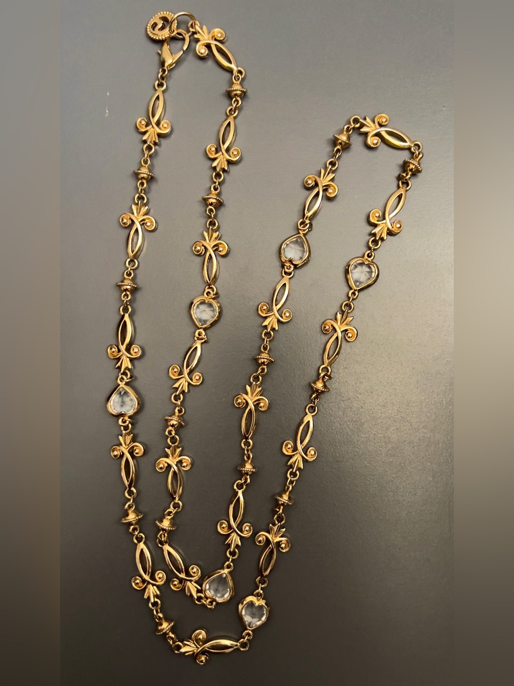 ST JOHN Vintage 90s Gold Fleur De Lis Crystal Runway Chain Necklace Belt 39”